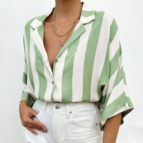 Green Casual Women's Batwing Sleeve Striped Shirt - Picture 4 of 6